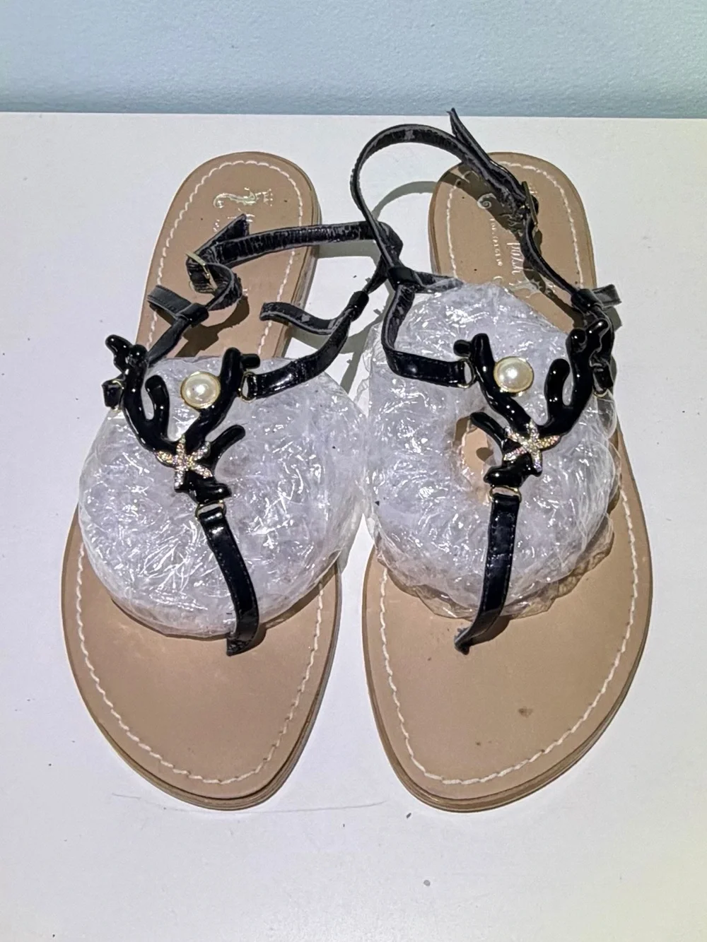 Black Coral Motif With Pearl Accent & Rhinestone Starfish T-Strap Sandals. 10